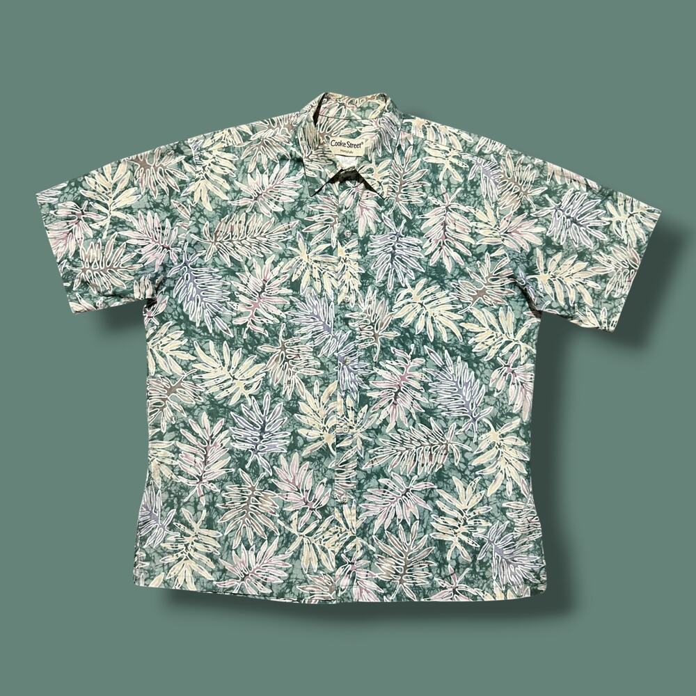 Vintage Hawaiian Shirt Palm Leaf All Over Print Button Up Aloha 90s Large Green